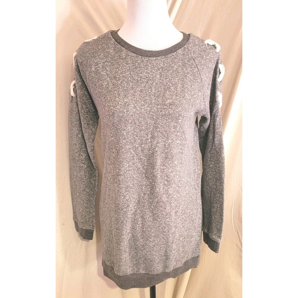 Derek Heart Womens Medium Gray Heathered Pull Over Sweater Tunic Lace Up Top